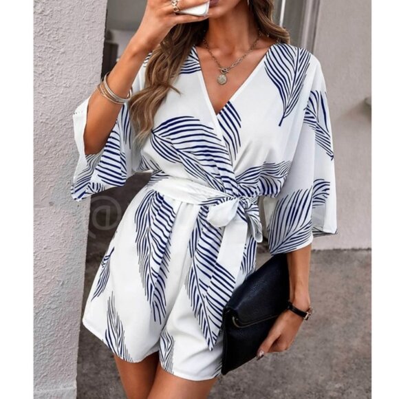Women's Leaf Tropical Print Blue on White Romper Belted V-Neck - Picture 1 of 6